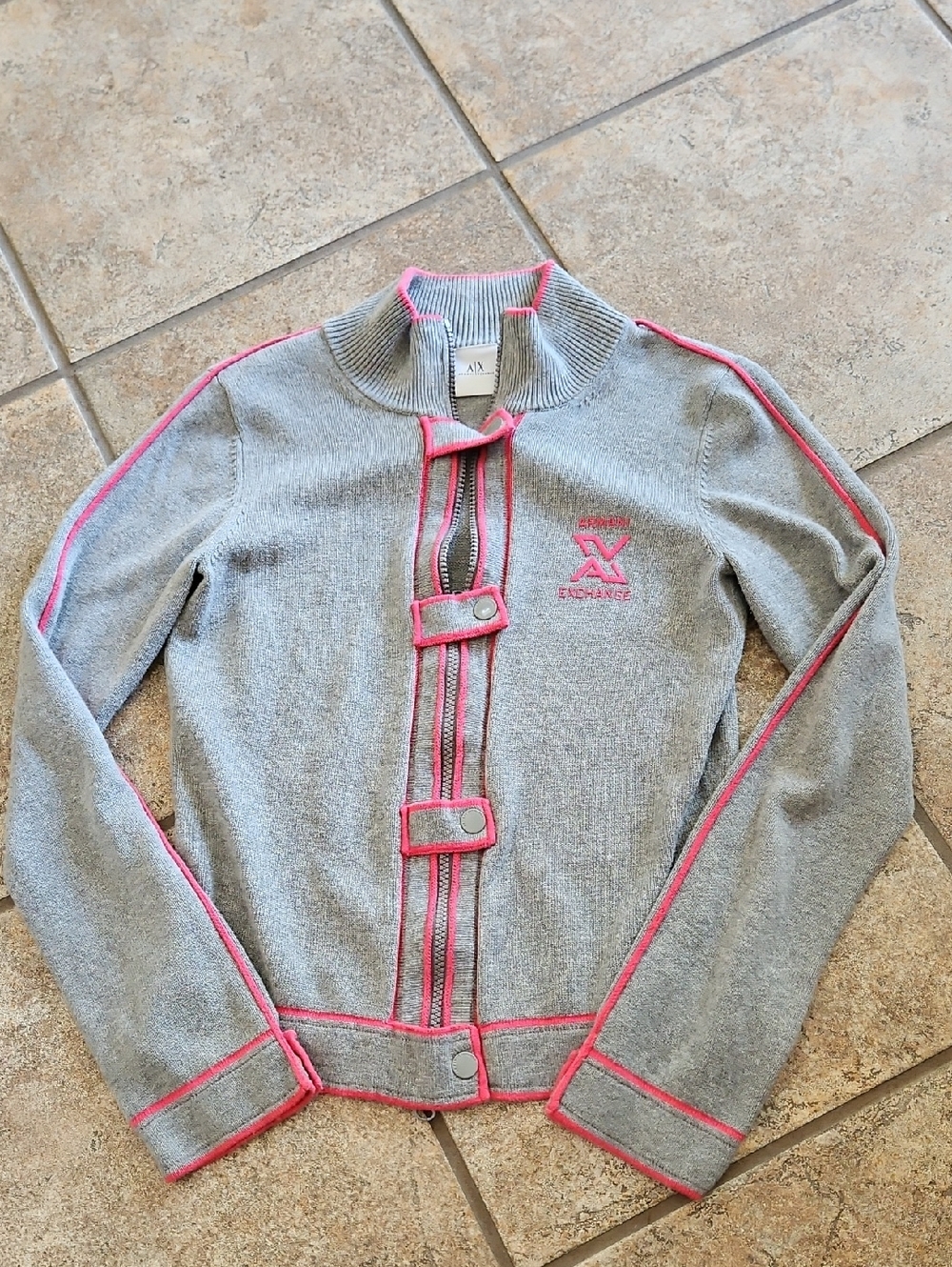 A|X Armani Exchange Grey Knit Zip Cardigan with Pink Trim